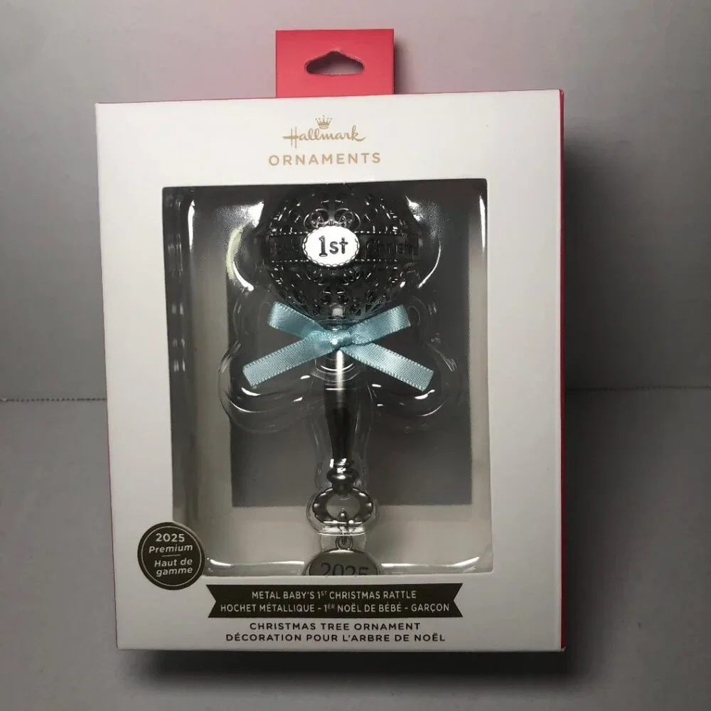 2025 Baby's First Christmas Ornament Hallmark Sliver Rattle Blue Bow Boy